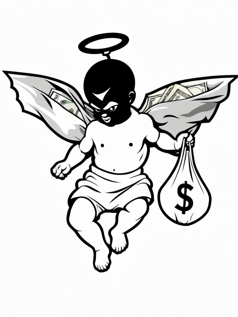 Gangsta baby cheerub boss Sticker with bag of money, in the style of simple black and white line art vector comic art on a white background