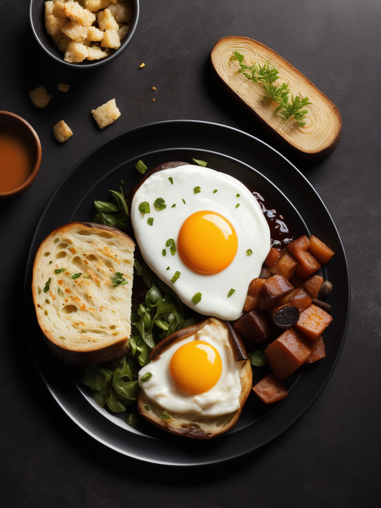 a product photo of fried eggs and bacon and hash browns and black pudding and mushrooms and toast, photorealistic, highly detailed, restaurant background, studio lighting, Canon 5D Mark iii, Canon 85mm prime lens