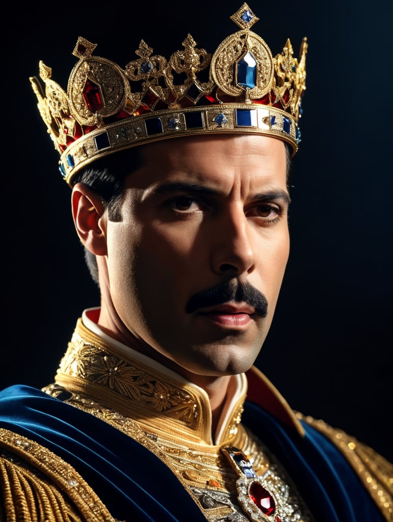 Portrait of Freddie Mercury wearing the Queen's crown, royal mantle, Vivid saturated colors, Contrast light, studio photo, professional photo, Detailed image, detailed face