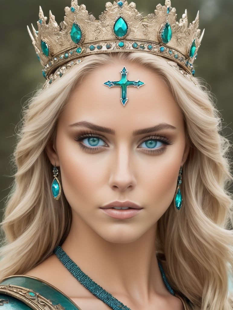 Warrior queen, blonde highlights, blue green eyes, crown, cross