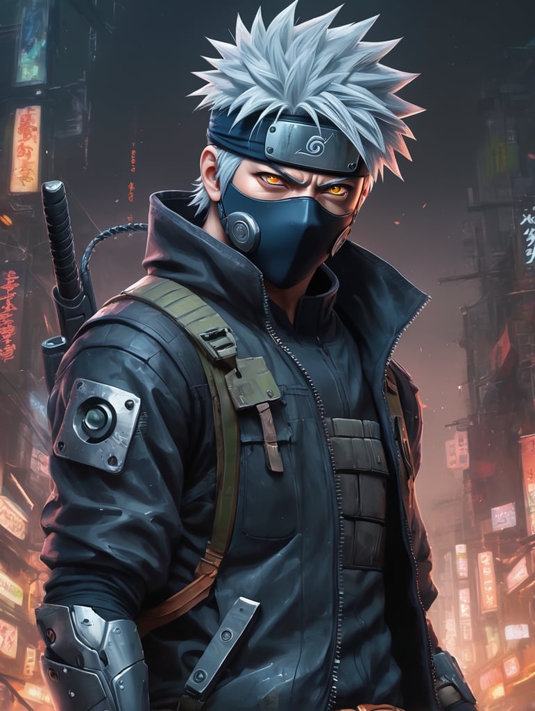 Beautiful fantasy painting of Kakashi Hatake, in the style of cyberpunk manga, richly detailed genre paintings, nightcore, spiral group, dark aesthetic, smashed glass, 32k uhd, eye-catching tags