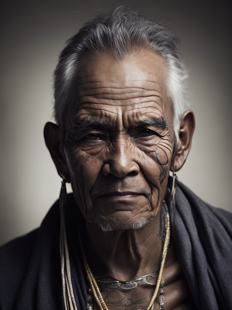 Portrait of a tribal elder with a face tattoo, photography, beautiful, black background, colorful, realistic, masterpieces, top quality, best quality, official art, beautiful and aesthetic