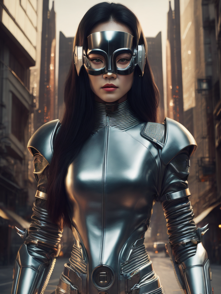 girl dressed in chrome mask and realistic cyberpunk outfit, the mask is metallic, a bit robotic, vintage medium shot 1920's poster with corean ethnicity, with background of futuristic style buildings and futuristic rockets, a little geisha, with a chrome, metallic color mask