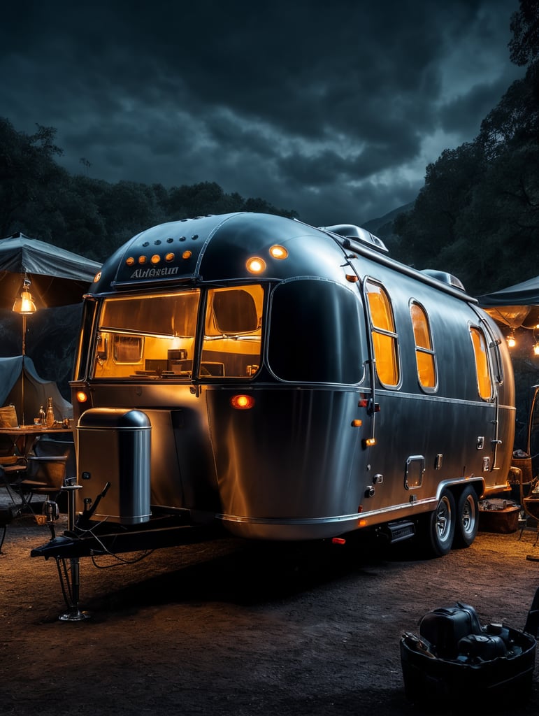 Futuristic alien Airstream camping trailers, steampunk and neon, cyber technology