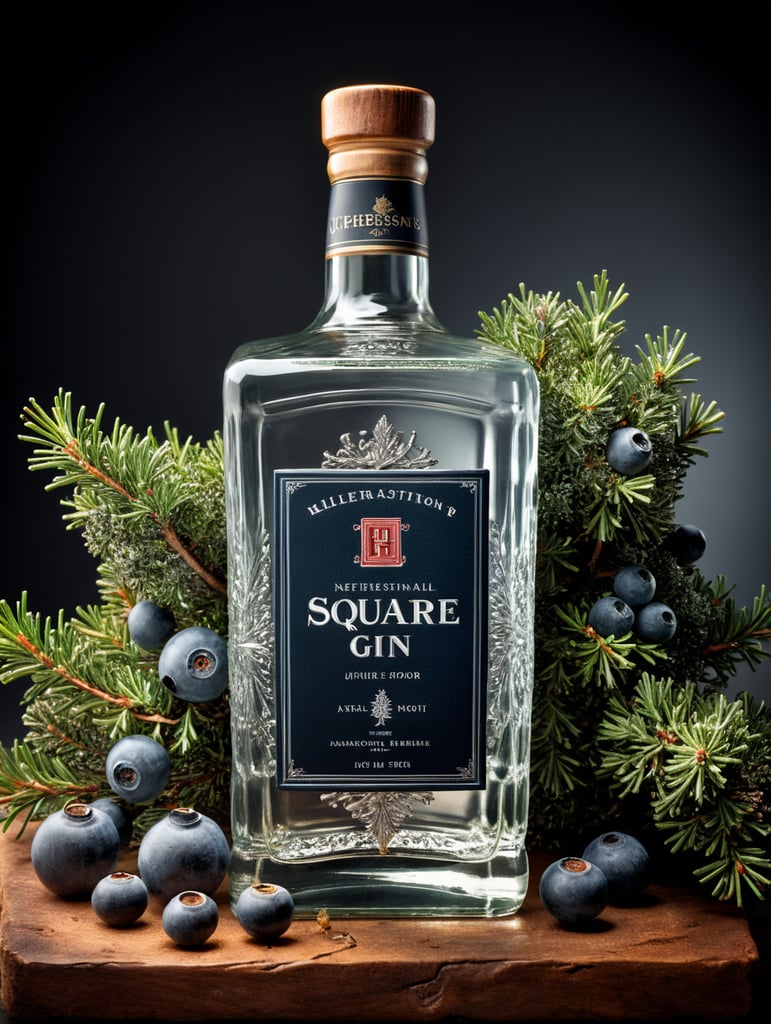 professional photography of a square gin bottle, square bottle, surrounding a juniper and juniper berries, one shot of gin in a front, no label, clear, mockup