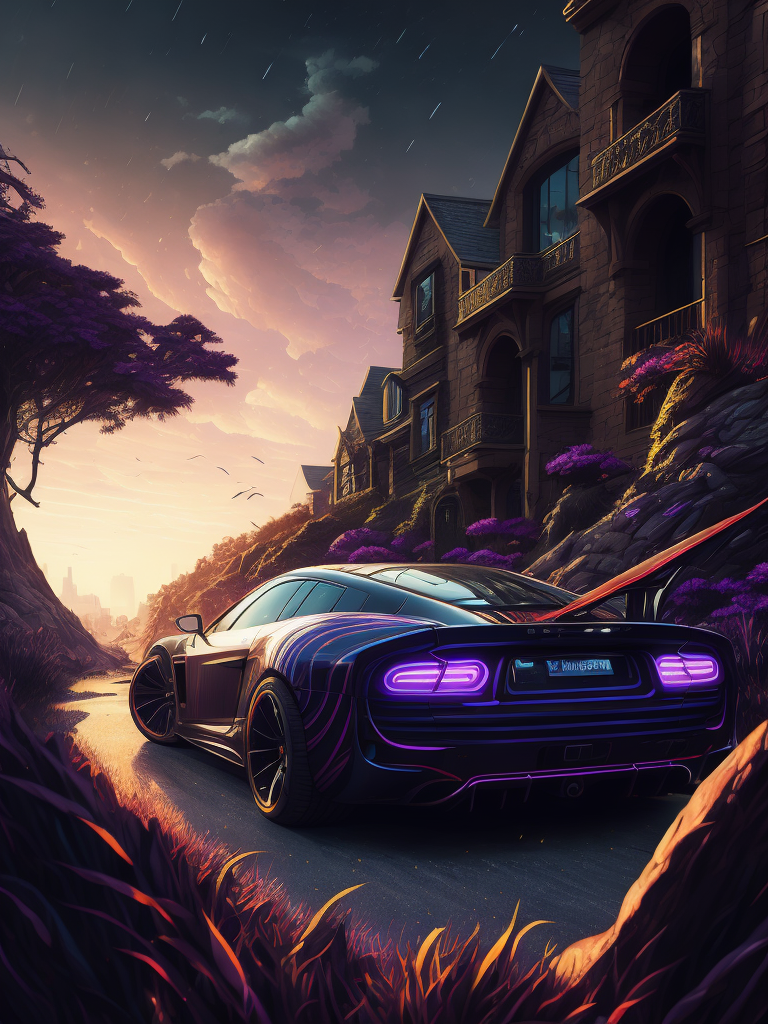 Illustration of super cars by dan mumford, alien landscape and vegetation, epic scene, a lot of swirling clouds, high exposure, highly detailed, fantastical, vibrant purple tinted colors, uhd