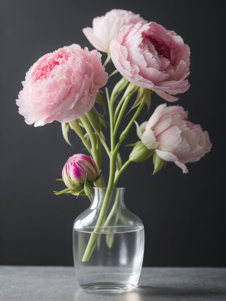 Transparent glass vase with pink peonies, dark gradient background, sharp focus
