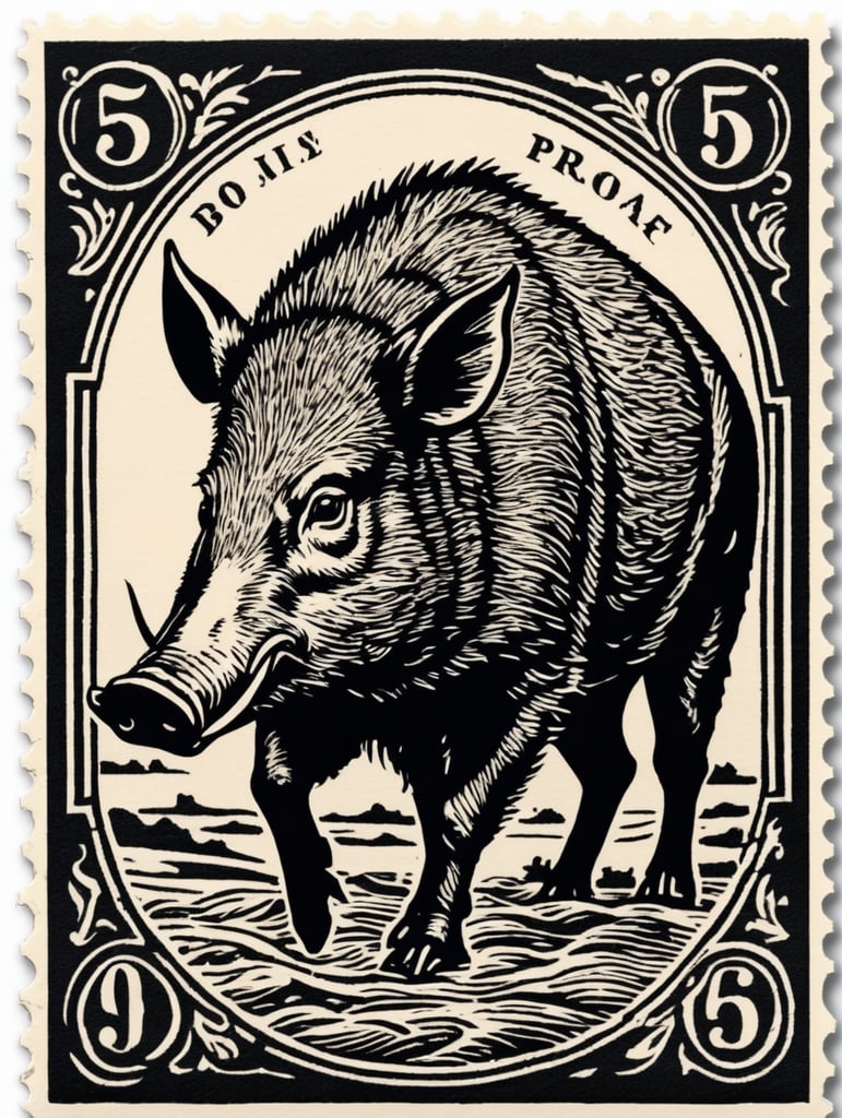 Black and white linocut postage stamp old pirate thick bold dark lines a wild boar