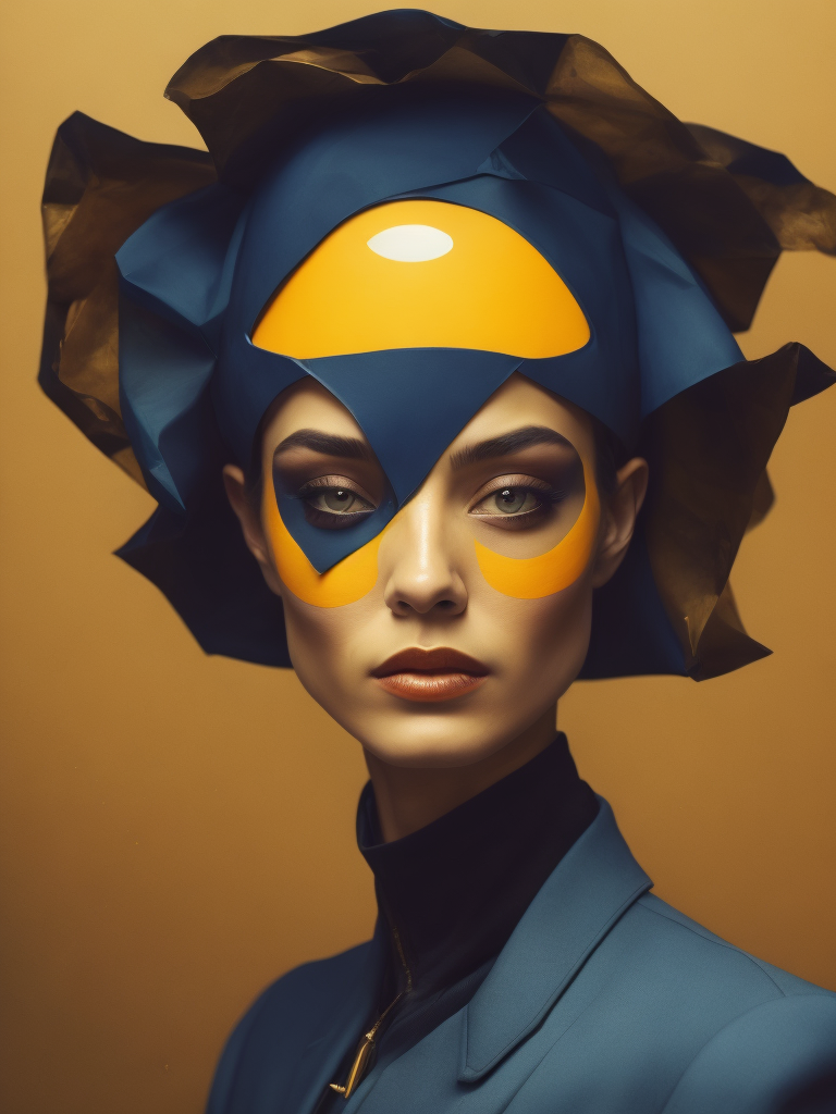 a woman wearing a realistic papier-mâché moon on her head, papier-mache moon, papier-mâché moon costume, in the style of sophisticated surrealism, photo-realistic still life, midnight navy and yellow gold, associated press photo, fashion photography, voluminous forms, curvilinear