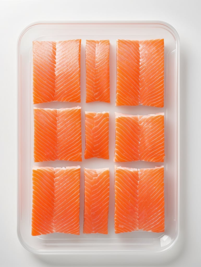 ready for cooking slices of a salmon in a transparent plastic tray, top view, isolated, mockup