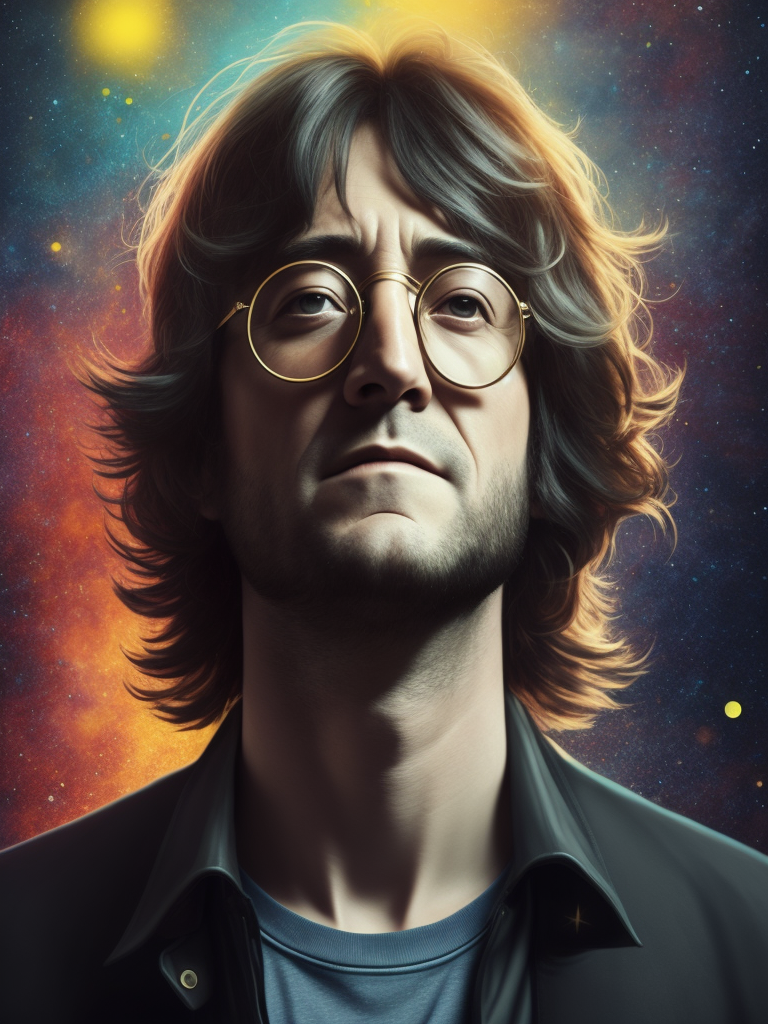 portrait of John Lennon, soft palette, trending on artstation, intelligence art creative interpretation digital art playful surrealism, 1964 multi colour lights glowing white space kodak film colour 35mm lens artistic interpretation