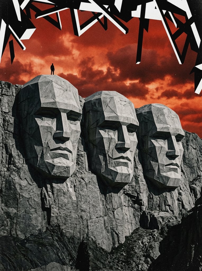 Three colossal, geometric, low-poly humanoid masks carved into a monolithic gray cliff. Rendered in a gritty, constructivist style, the monuments feature stark, angular planes and heavy T-shaped brows. A tiny silhouetted figure stands atop the leftmost head, emphasizing the massive scale. The background is a stark, textured crimson sky framed by jagged black and white geometric shapes hanging from the top edge.