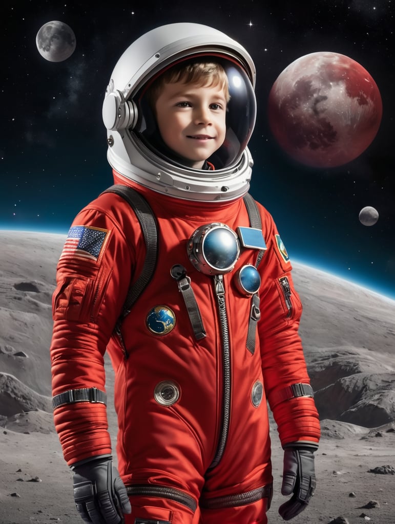 pre teen boy in red space suit standing on small moon in outer space.