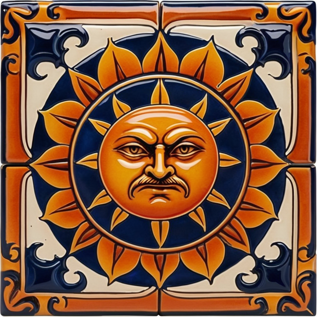 Square ceramic glazed tile with medieval art angry sun, Azulejo