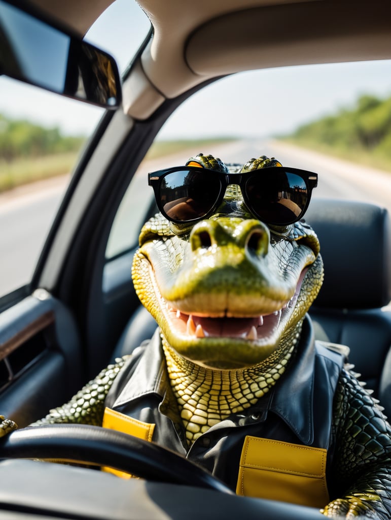 Alligator taxi driver, sitting behind the wheel of a taxi, close-up shot, sunglasses