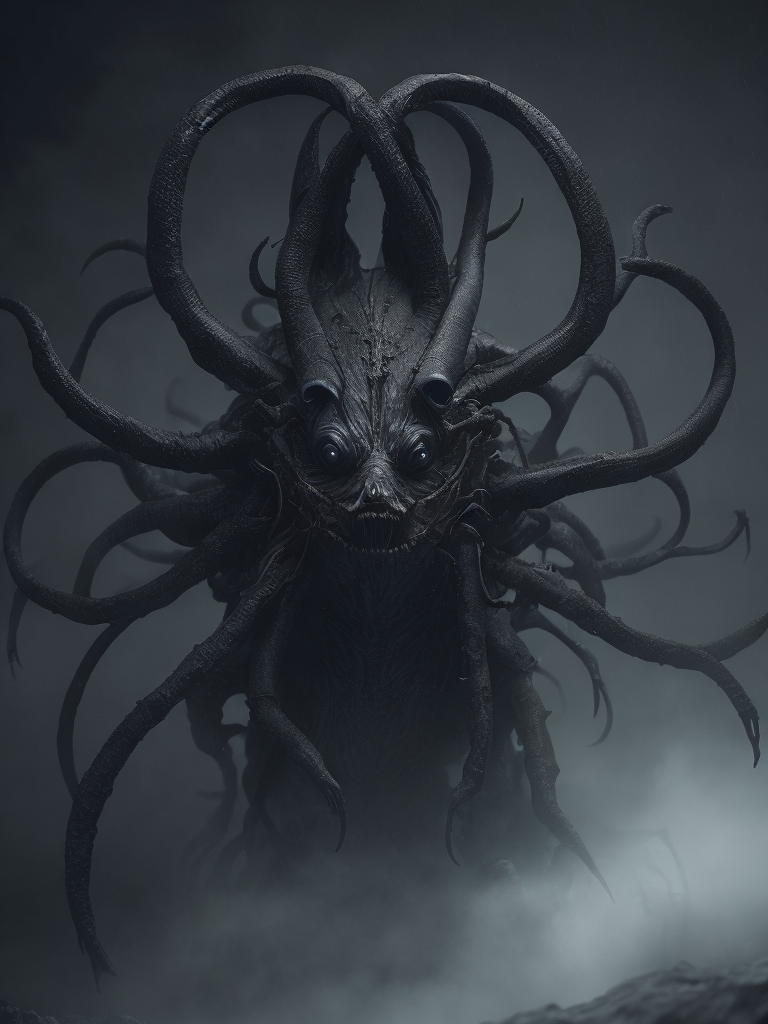 Creature eldritch horror, dark obscured by fog, photorealistic, eight arms