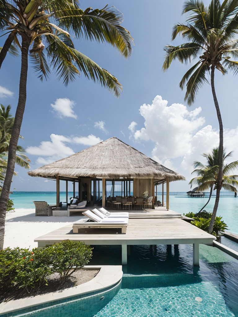 Over water villa in the maledives with the sun shining and some palms