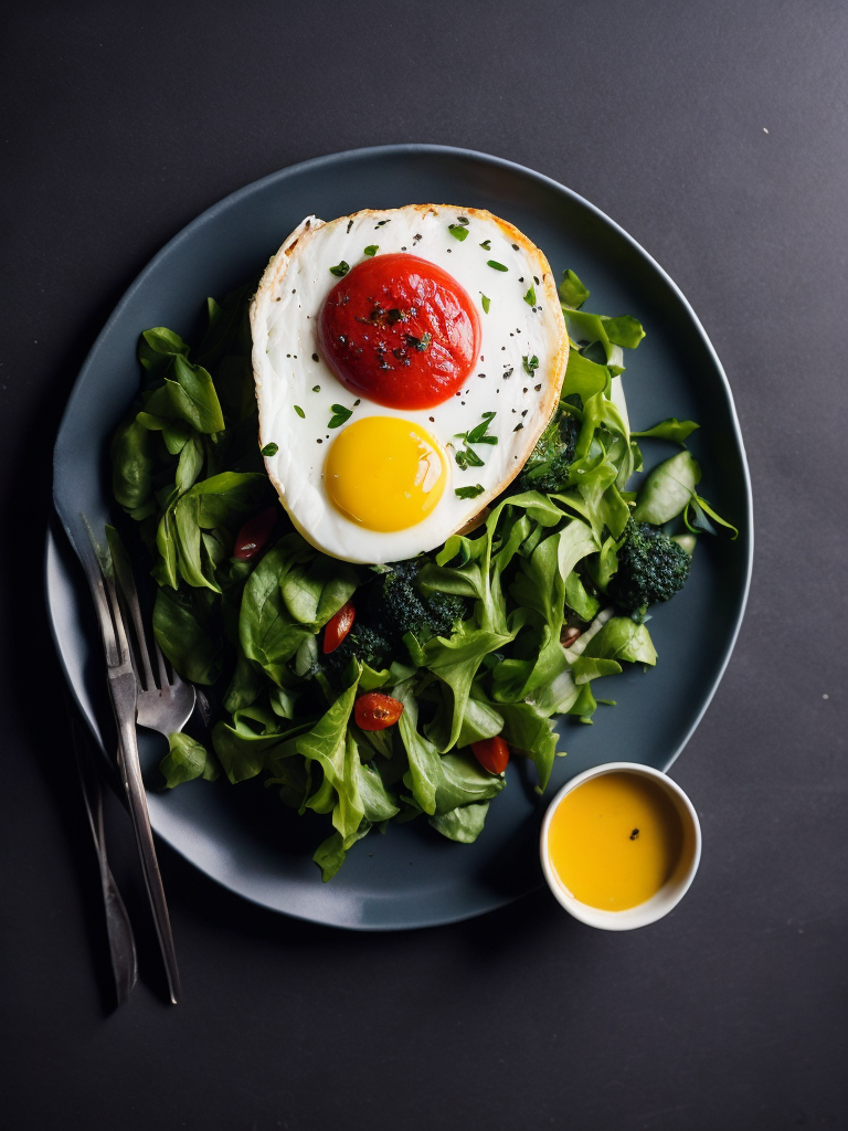 Gardas brokastis uz gaiša galda . šķīvī cepta ola , tomāti uz zaļie salāti. blabus šķīvim dakšiņa un nazis