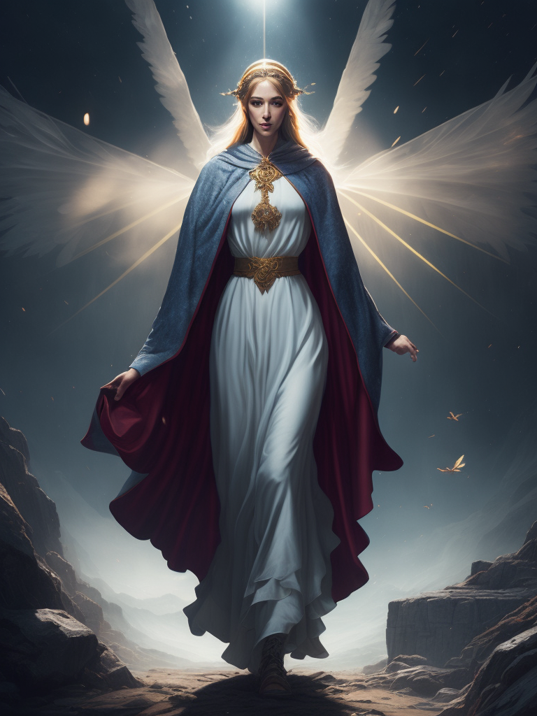 Virgin mary mother of jesus full body with beautiful robe and halo and rays of light coming out of her head on mountain, landscape, intricate, elegant, highly detailed, digital painting, concept art, sharp focus, illustration, artwork by artgerm and greg rutkowski and tomas scholes and william - adolphe bouguereau