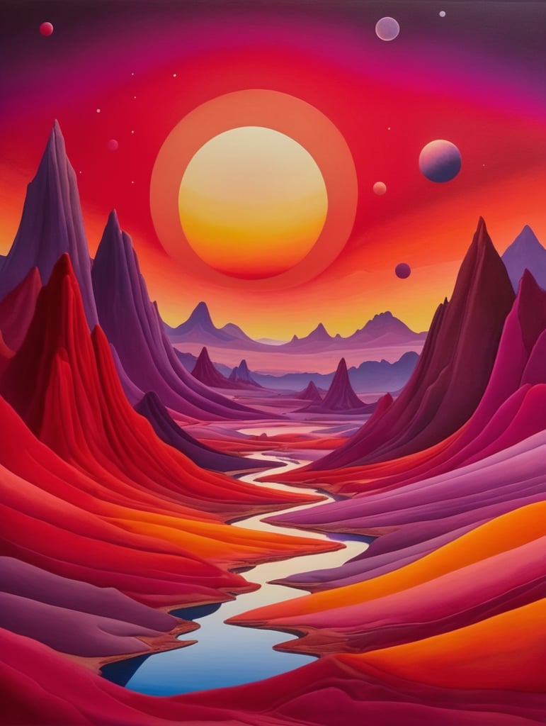 Georgia O'keefe alien landscape with apocalyptic sunset red yellow purple magenta. several small planets are faintly visible in the sky.