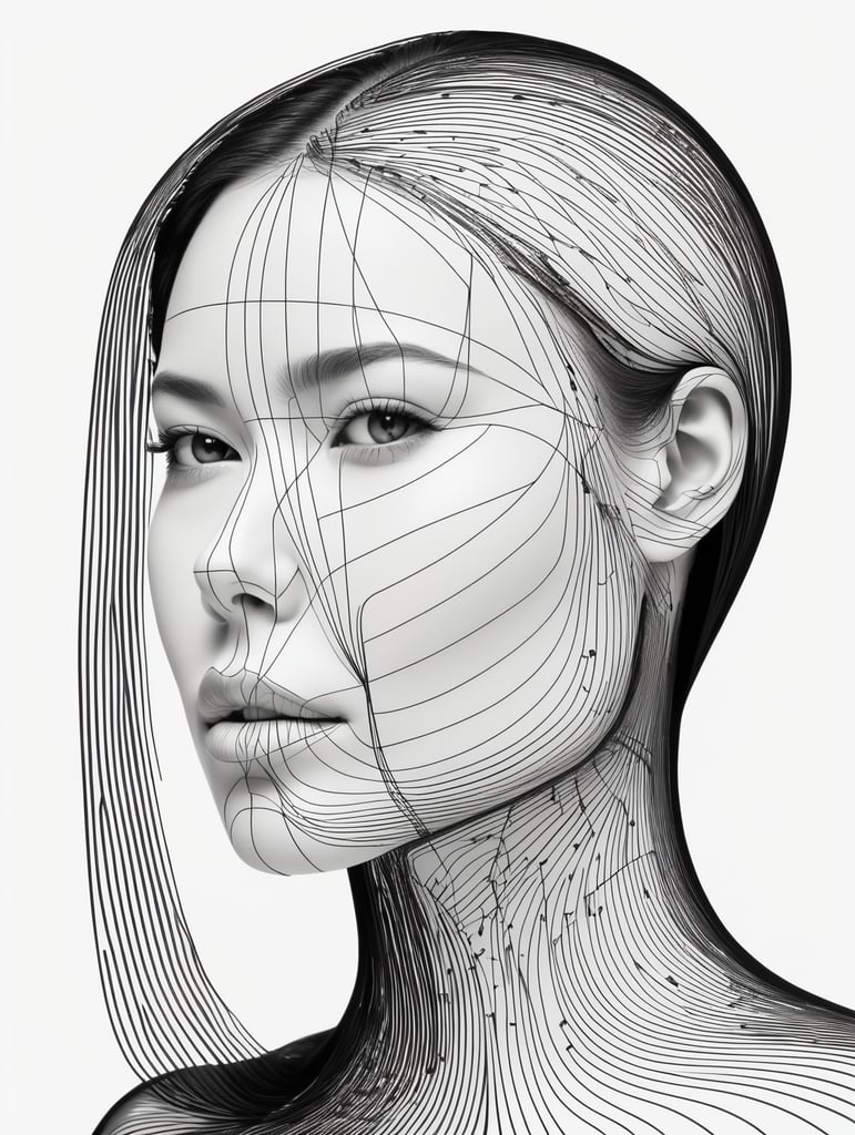 Black, thin lines that form the outline of the right profile of a woman's face. all lines have the same mass and weight. continuity can be seen in the common flow of all lines. the lines occupy only the central part of the image. white background.