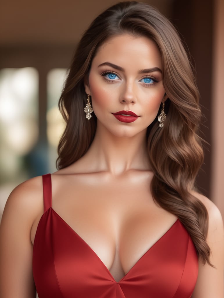 Русые волосы и голубые глаза с большим губами с большой грудью одета в красное платье