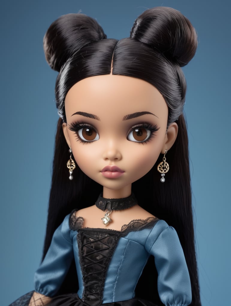 Bratz doll, beige skin tone, black hair medium length, brown eyes,cleft chin, wearing gothic clothes, on a blue background