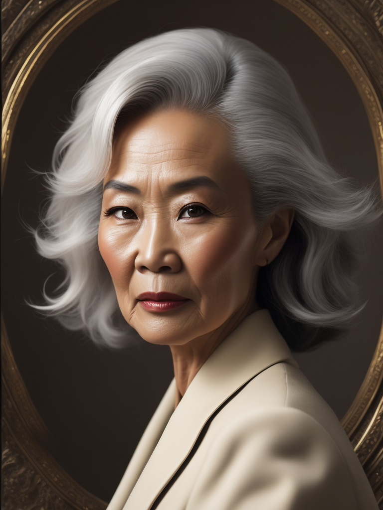 A 50yr old Chinese supermodel with classic Chanel make-up and beautifully styled volume hair, beautiful pores and skin texture, detailed high resolution image, grey hair, Dior makeup, award winning fashion editorial image, soft lighting, gentle expression, she is content with her age