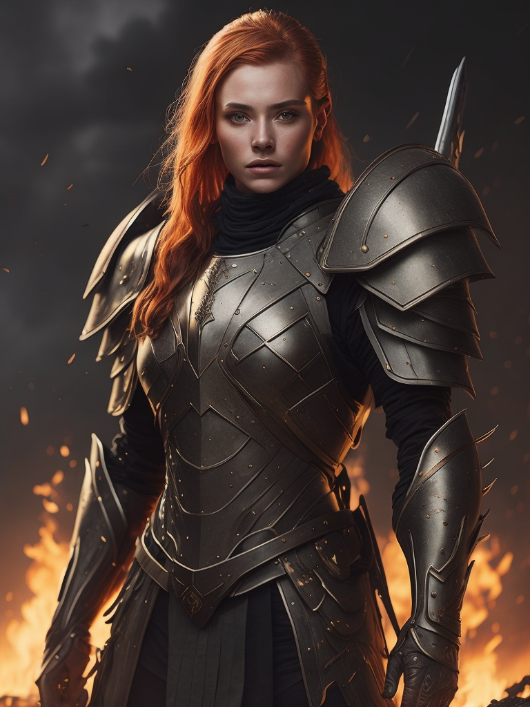 detailed illustration of ginger female divine paladin wearing full plate armor, heavily damaged armor, standing sad on a battlefield, battlefield on fire as background, dirt, misery and decadence, dark ambient, art by Mschiffer, tetradic colors,