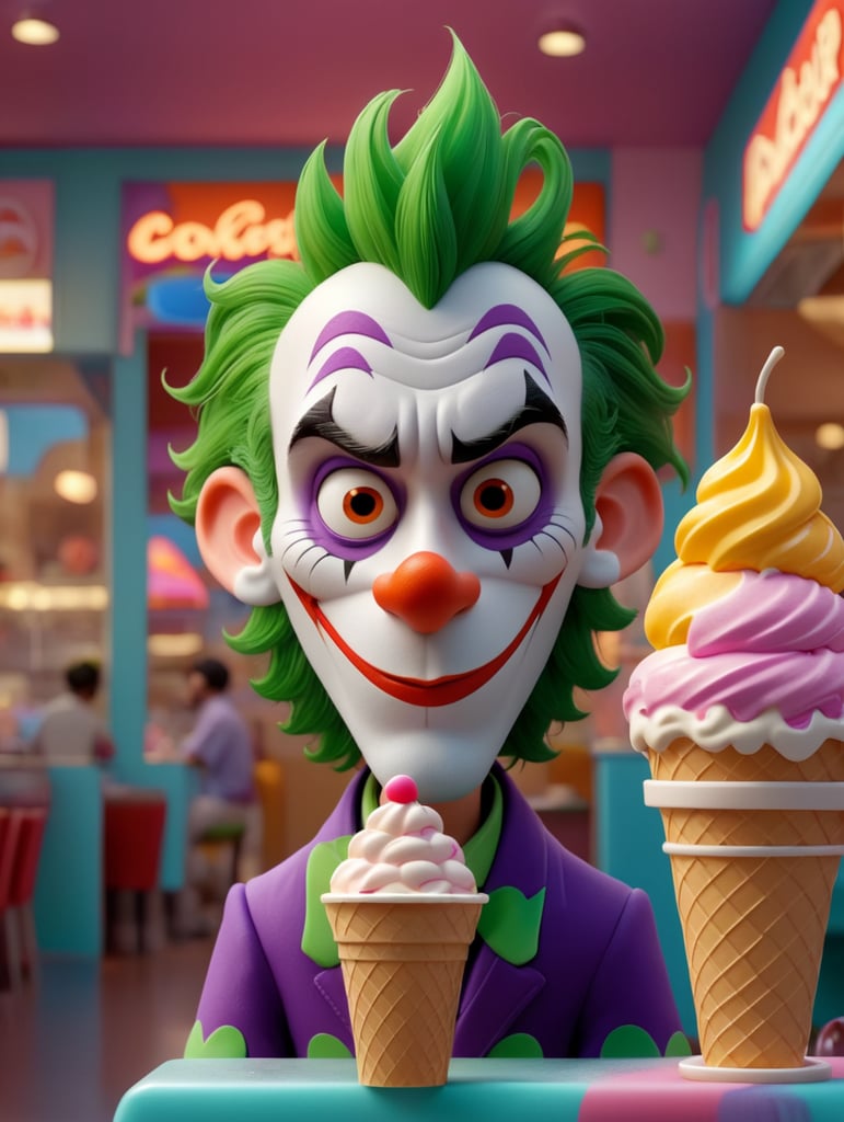 A portrait of the sad joker looking sad in an ice cream shop, in the style of a cartoon, bright and saturated colors, depth of field