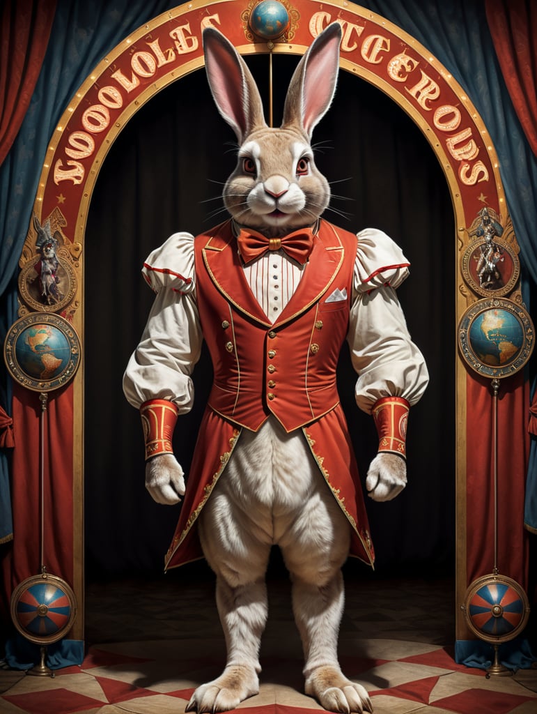 Vintage style circus sideshow poster of a full body anthropomorphic rabbit with the world’s longest ears