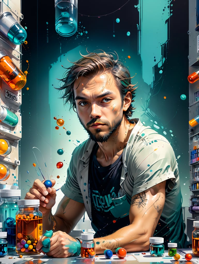 Casimir Funk in a lab with some vitamin capsules on the table, looking at the camera