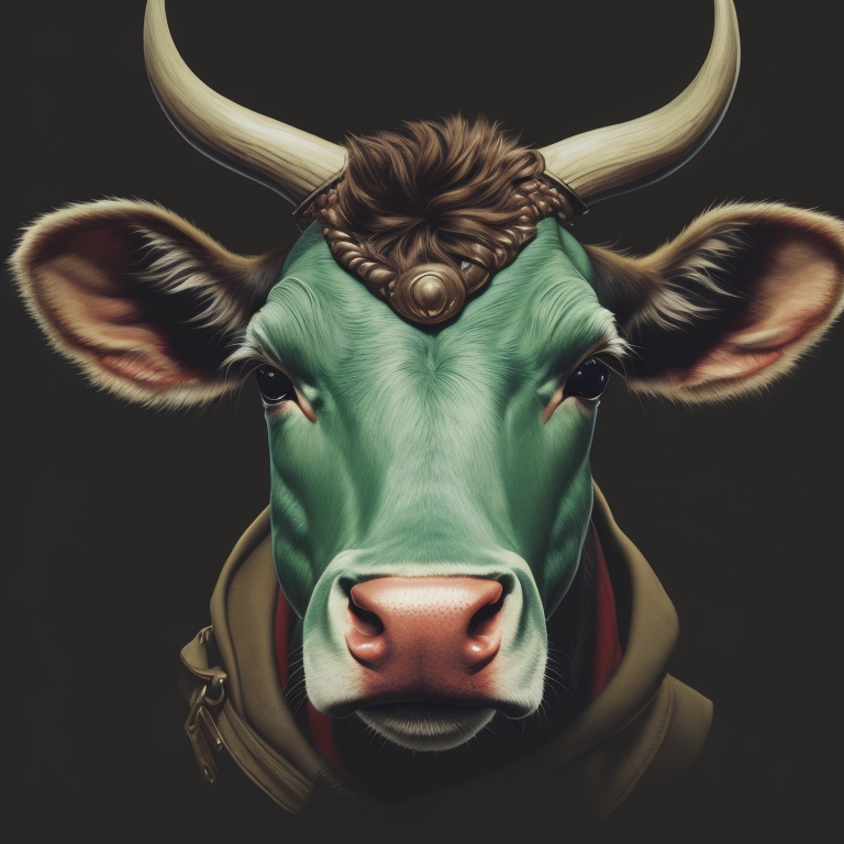 cow smile, portrait, hoodie, green mohawk, vintage, photorealistic illustration, vector, flat, isolated on white background, Painting, Oil, Still Life, Botanical, Italy, style of Giuseppe Arcimboldo