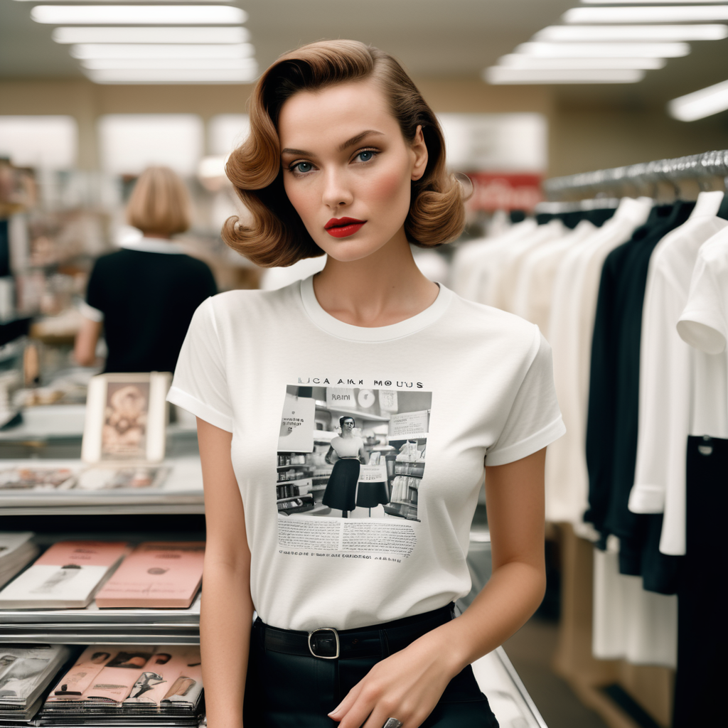 Extremely detailed photographic image, grained image, beautifully composed, monochrome image, 50's fashionable image, fashionable magazine photography, leica summicron 35mm f2.0, kodak 400tx, fashion photography, fashionable model, william s. burroughs, Woman wearing blank white T-Shirt in Clothing Store Mockup, mock up