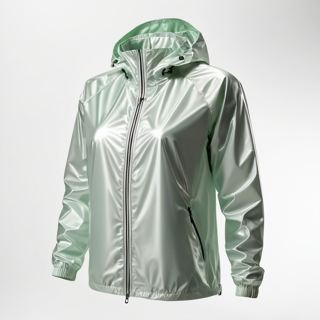 A realistic photo of a chrome windbreaker jacket, for women, coverall with reflective material, isolated, white background