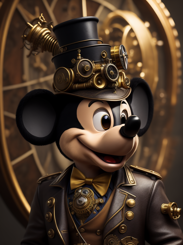 Portrait of Mickey Mouse in steampunk style, many brass and gears, extremely detailed vibrant, cinematic lights, hyper realistic, hyper detailed, photorealistic