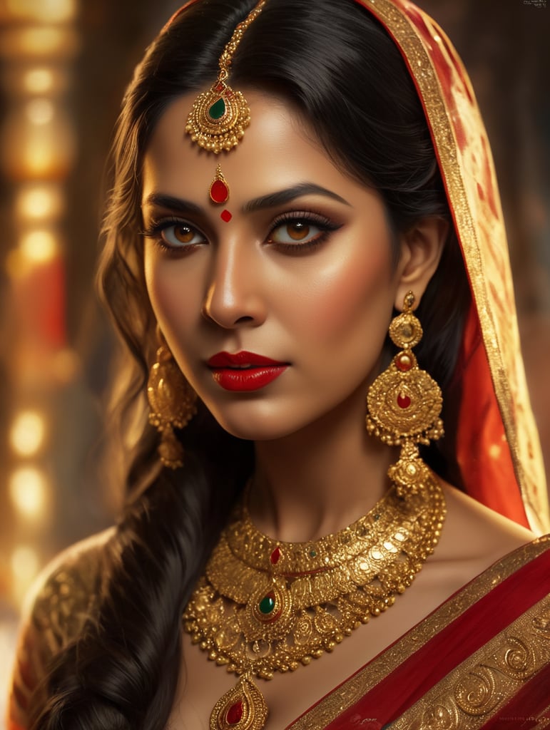 Maa Durga Bengal, rich beautiful sari, bright makeup, golden jewelry, long black hair, brown eyes, red lips.