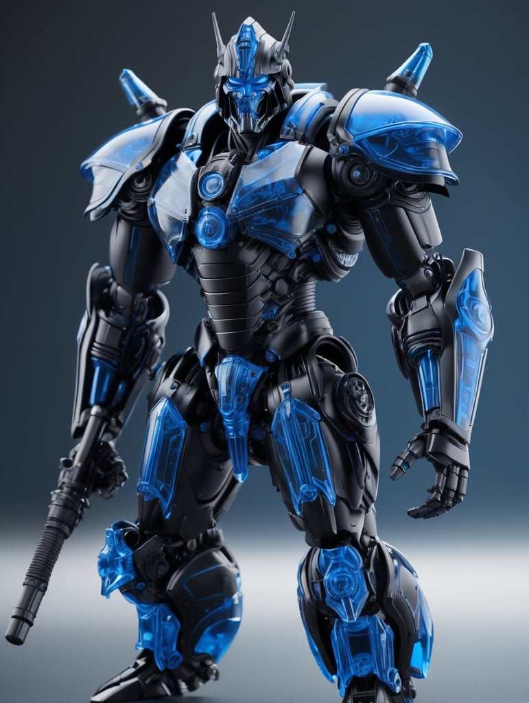 Matte black and blue mecha armored sith lord, black on blue, octane render, translucent, transparent, robotic detailing, realistically detailed, soft light, evoking,