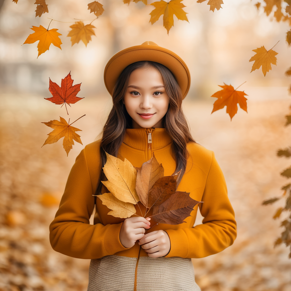 A girl holding autumn leaves and also leaves are falls in background