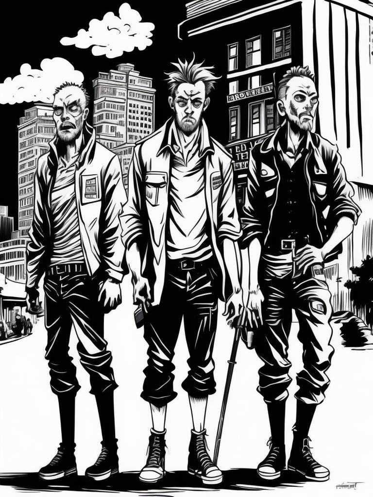 new yorker graphic novel style line art of three zombies standing on a post apocalyptic street