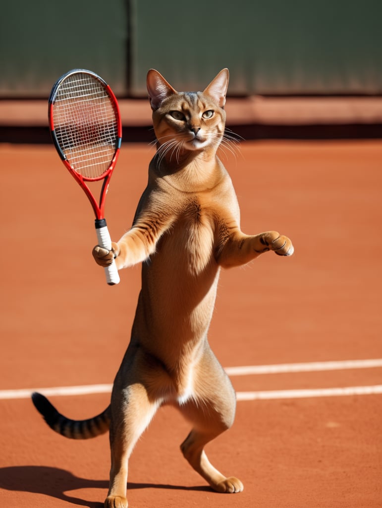 Gatto abissino in posa elegante che gioca a tennis in campo di terra rossa