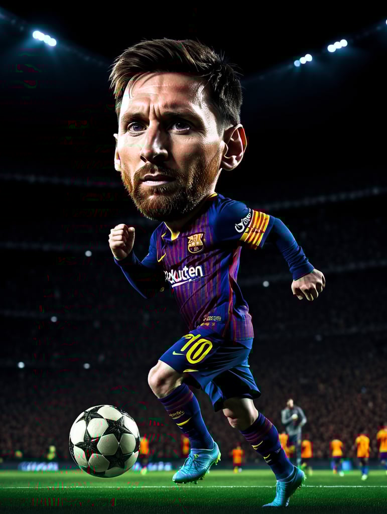 Messi con pateando el balon de futbol, ((high face)) background dark, dramatic lighting