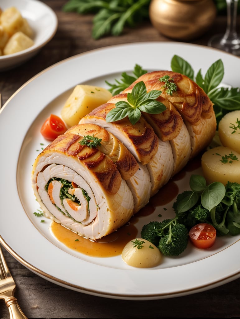 Rolade ayam kentang plating piring cantik, background meja makan mewah, professional food photography