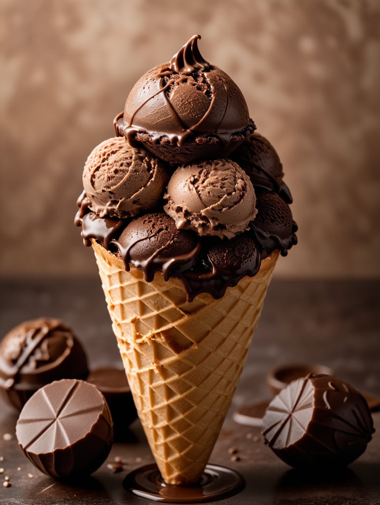 chocolate ice cream cone on chocolate background