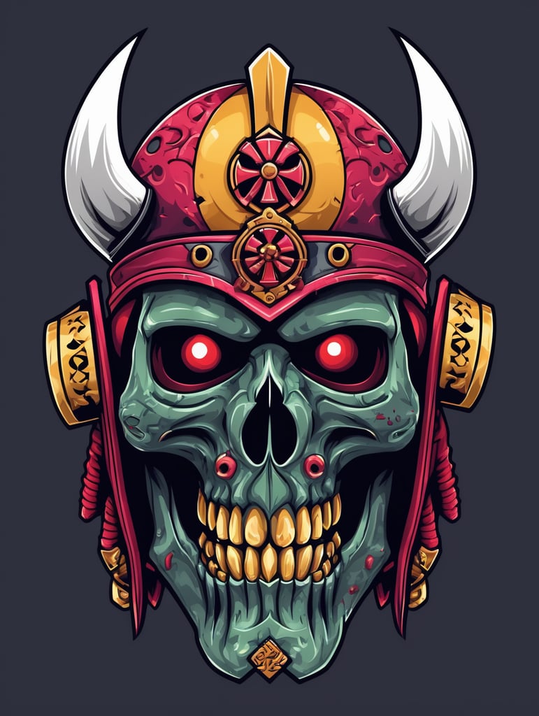 Zombie Skull with Japanese samurai helmet, mascot logo, e-gaming, bright colors, Gaming Logo, vector image