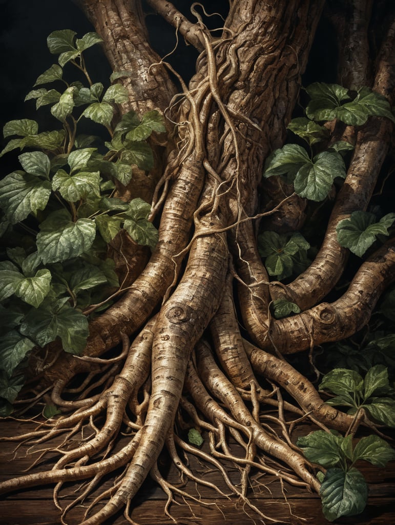 Ginseng root on dark wood background, large, fresh, watercolor
