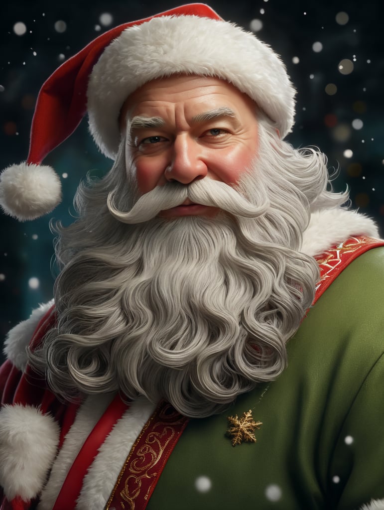Portrait of Santa Claus, whimsical facial expression, flowing white beard, bald head, warm complexion, jolly caricature, saturated colors, red outfit, highly detailed, sharp focus, portrait photography, depth of field, dramatic candlelit lighting, incredibly high detailed, toy workshop, blurred background, white snowflakes