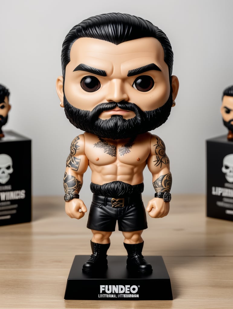 Funko figure of a man, WITHOUT MOUTH, called PAOLO, wearing black shorts, black beard, black hair, earring in one ear, defined abdomen and strong chest, small tattoo on the left arm. Funko is displayed inside and outside of a limited edition BLACK and WHITE Funko box, allowing for visibility of the figure, typography and 3D rendering. Background ON TOP OF A TABLE WITH AN ELEGANT ROOM BEHIND.