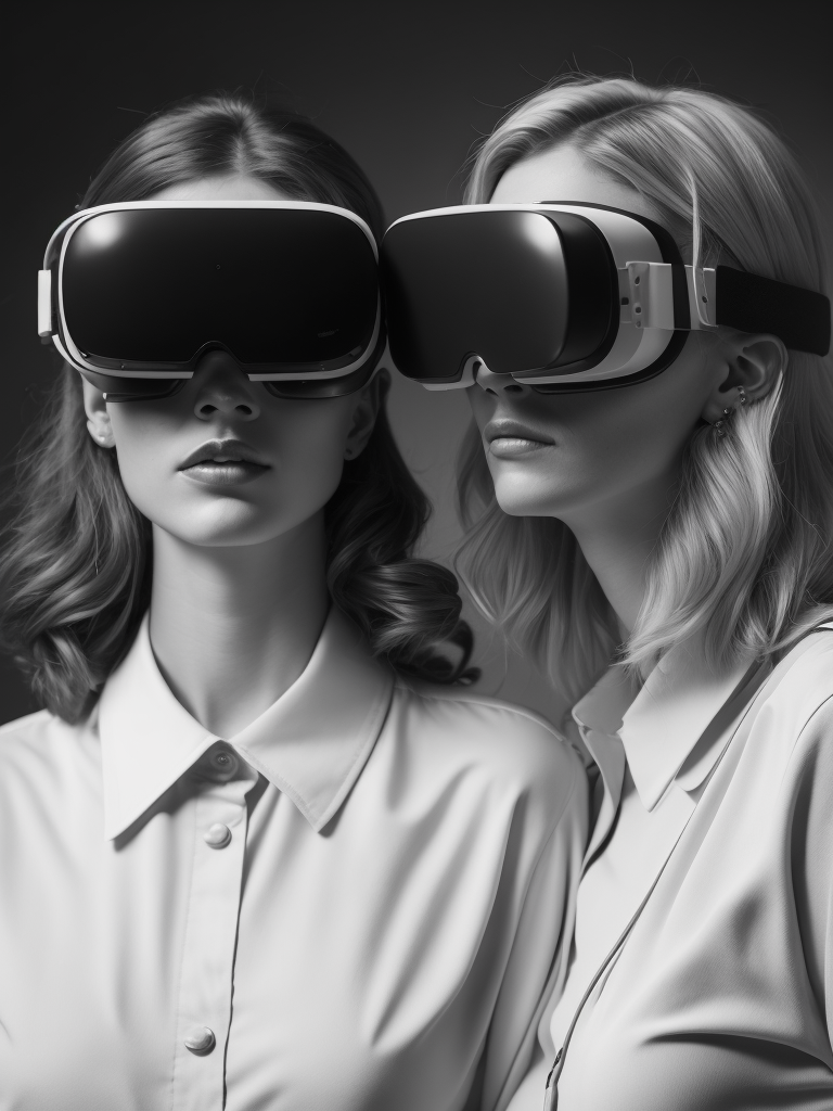 Portrait of girls wearing prototype virtual reality goggles from 1950, black and white