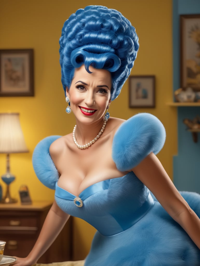 Photorealistic, Photograph of woman in a Marge Simpson costume, Simpsons TV haute couture, 1950s housewife, hirsute, magic, dream sequence, vibrant, hyper-realistic photograph, dreamlike figure, etherial figure, higher consciousness, shot with Canon EOS R5 RF 100mm F2. 8L MACRO IS USM,